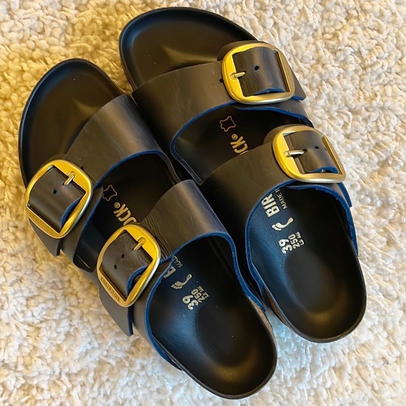 Birkenstock Shoes - BIG BUCKLE BIRKENSTOCK ARIZONA OILED LEATHER GOLD BUCKLE BLUE NWOB 39/8